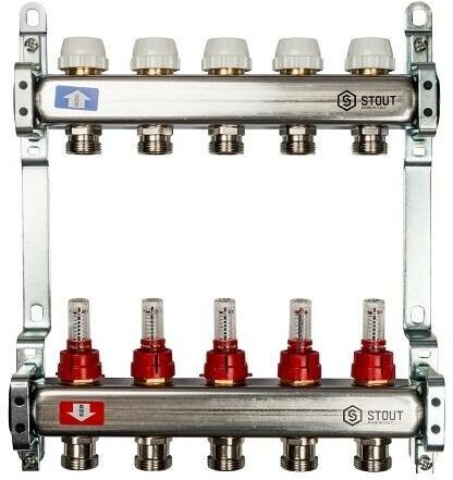 Коллекторная группа для теплого пола STOUT SMS0917 - 1" на 5 контуров 3/4"EK (нерж. сталь)
