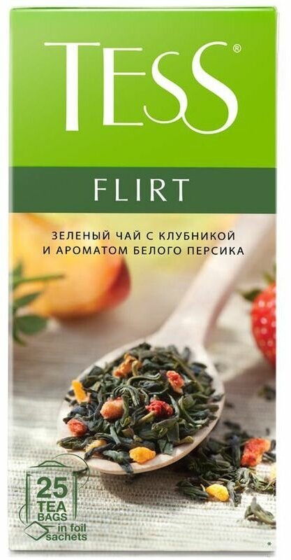 Чай Tess Flirt зелёный с клубникой и ароматом белого персика в пакетиках