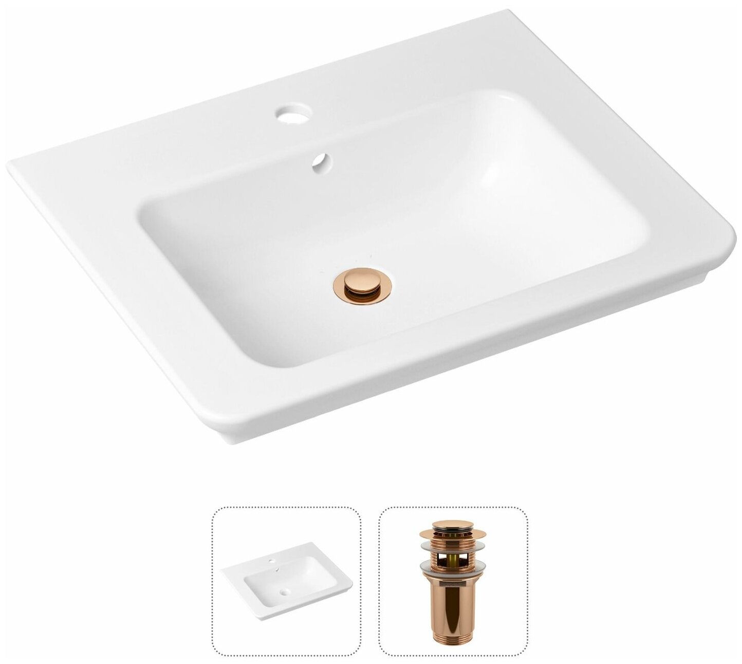 Врезная раковина в ванную Lavinia Boho Bathroom Sink 21520864 в комплекте 2 в 1: умывальник белый, донный клапан в цвете розовое золото