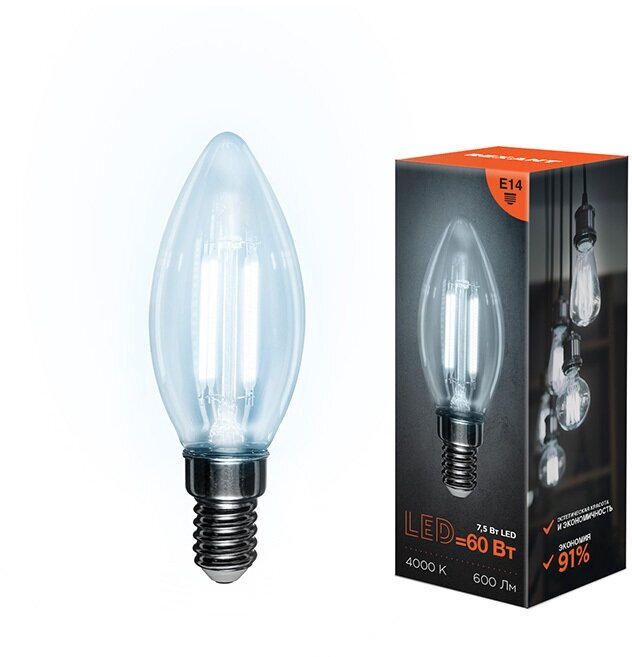 Лампочка филаментная REXANT Свеча CN35 7.5 Вт 600 Лм 4000K E14 прозрачная колба