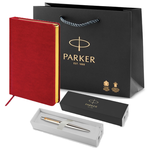 подарочный набор шариковая ручка parker im premium k318 red gt цвет чернил синий и красный недатированный ежедневник с золотым срезом Подарочный набор: шариковая ручка Parker Jotter Essential, ежедневник А5 и фирменный пакет Паркер