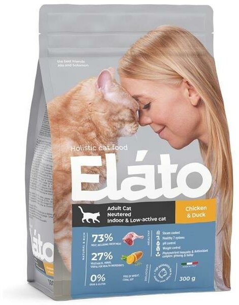 ELATO Holistic сухой для кастрированных котов, стерилизованных и малоактивных кошек Курица и Утка 300г