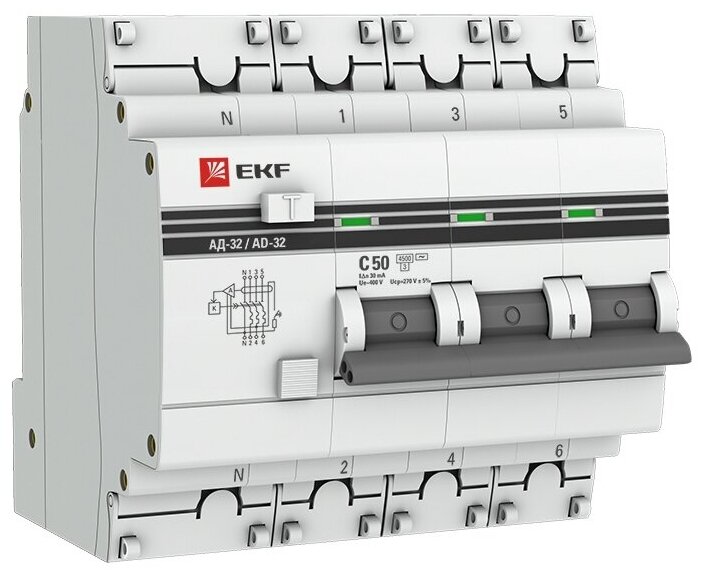 DA32-50-30-4P-pro Дифференциальный автоматический выключатель EKF АД-32 PROxima 3П+N 50А 30мА, тип AC, 4.5кА, C