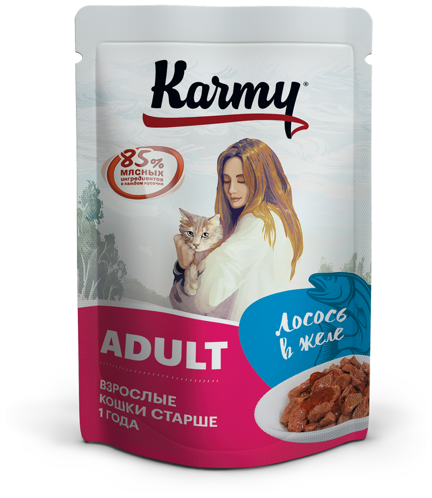 Влажный корм KARMY ADULT для кошек Лосось в желе Паучи 24 шт по 80г