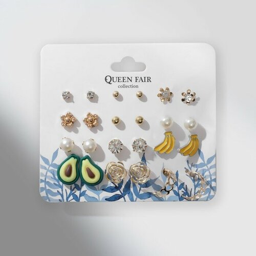 Серьги Queen Fair набор серьги 12 пар вкусняшки и цветочки цветные в золоте 6970917