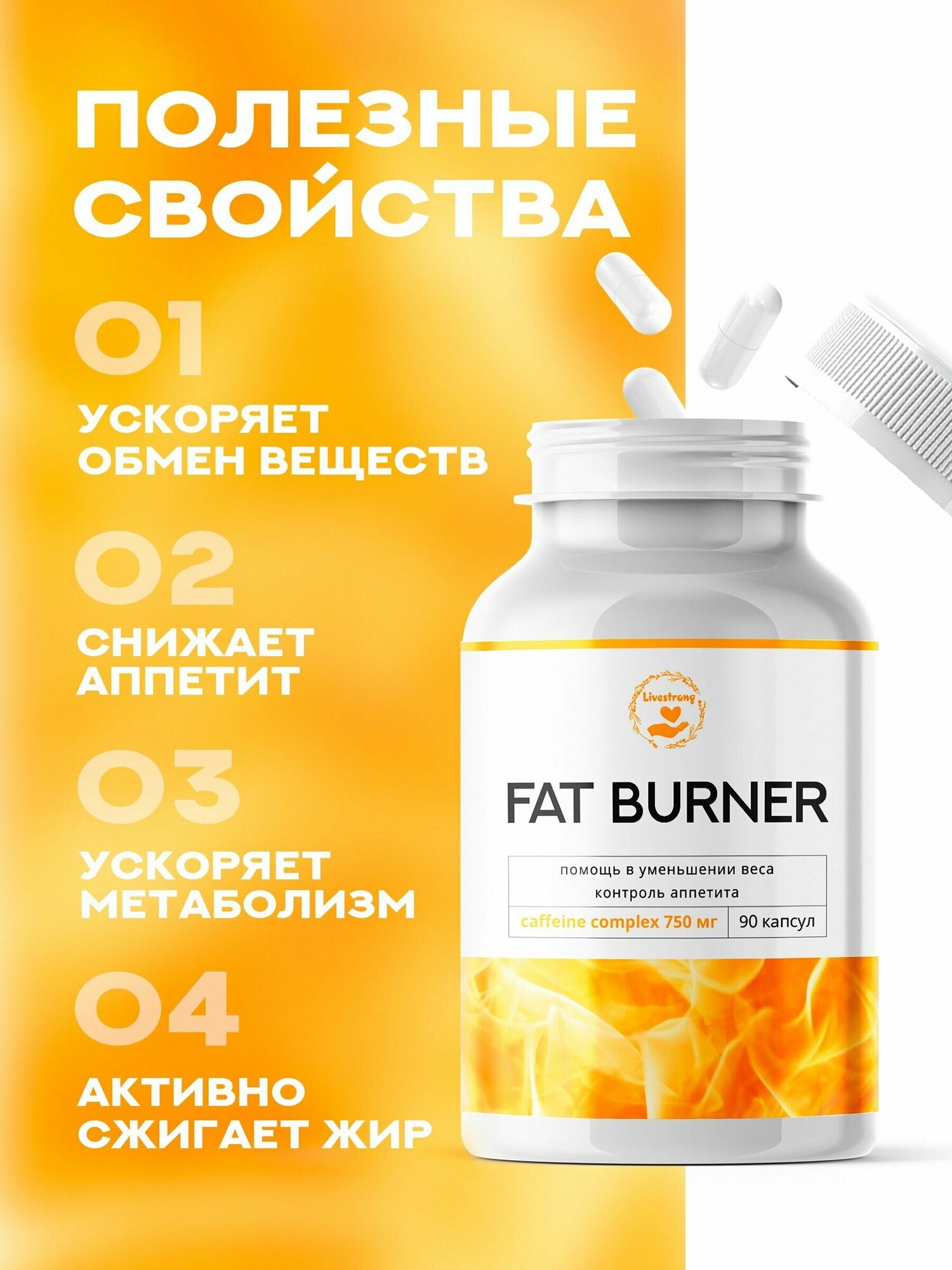 Жиросжигатель "Livestrong" Fat burner caffeine complex 750 мг 90 капсул