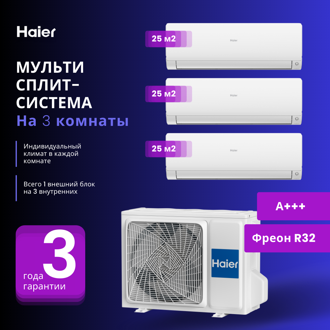 Новинка 2023 года мультисплит-система Haier FLEXIS Super Match 3 Х AS25S2SF2FA-W / 3U55S2SR5FA на 3 комнаты 25+25+25 м2 - фотография № 1