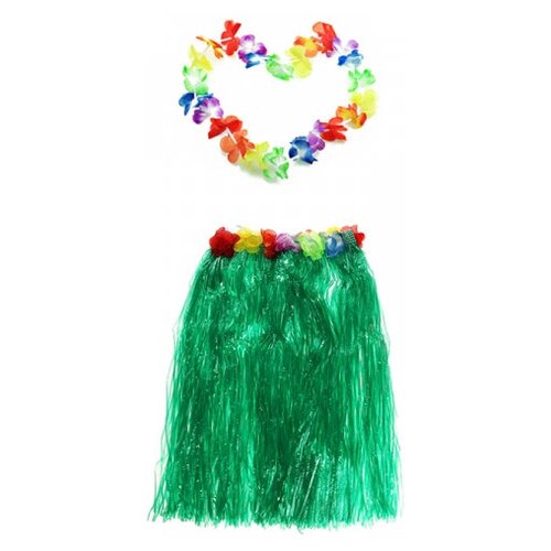зеленая гавайская юбка 7677 Гавайская юбка 60 см, зеленая, гавайское ожерелье 96 см