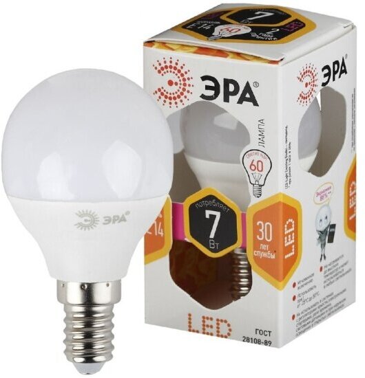 Светодиодная лампа Эра LED P45-7W-827-E14 (диод, шар, 7Вт, тепл, E14) Б0020548