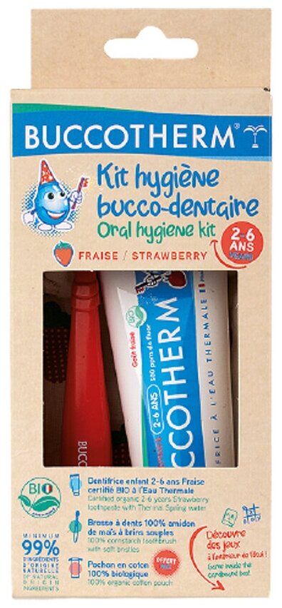 Набор детский BUCCOTHERM 2-6 лет, зубная паста с клубничным вкусом BIO 1000 ppm и зубная щетка Soft