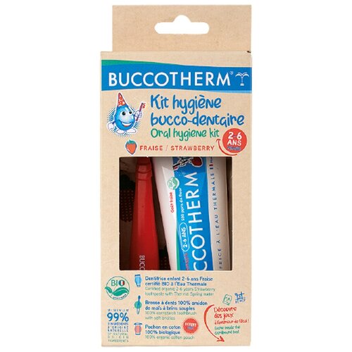 Купить Набор детский BUCCOTHERM 2-6 лет, зубная паста с клубничным вкусом BIO 1000 ppm и зубная щетка Soft