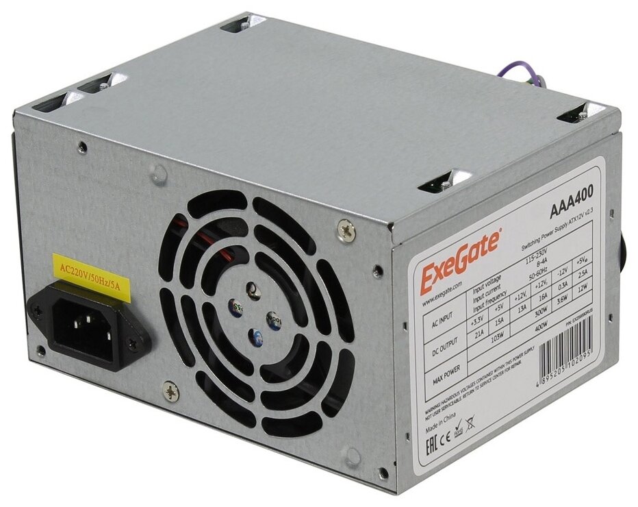 Блок питания 400W ExeGate AAA400, ATX, SC, 8cm fan, 24p+4p, 2*SATA, 1*IDE