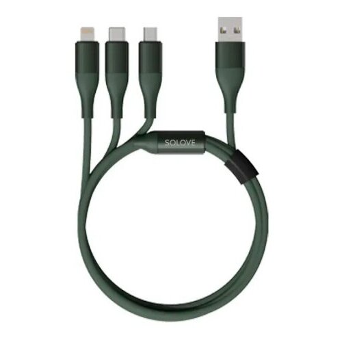 Кабель SOLOVE 3 in 1 USB Lightning/Micro/Type-C 1,2м 5V 2,4А нейлоновая оплетка (DW2 Green), техпак зеленый