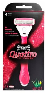 Фото Женский бритвенный станок WILKINSON SWORD Schick QUATTRO FOR WOMEN (1 станок, 1 сменная кассета), 4-лезв., плавающая головка, увл.полоска, прорезиненная ручка