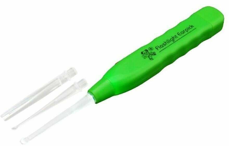 Палочка для чистки ушей, LED-подсветка, 3 насадки, цвет зеленый