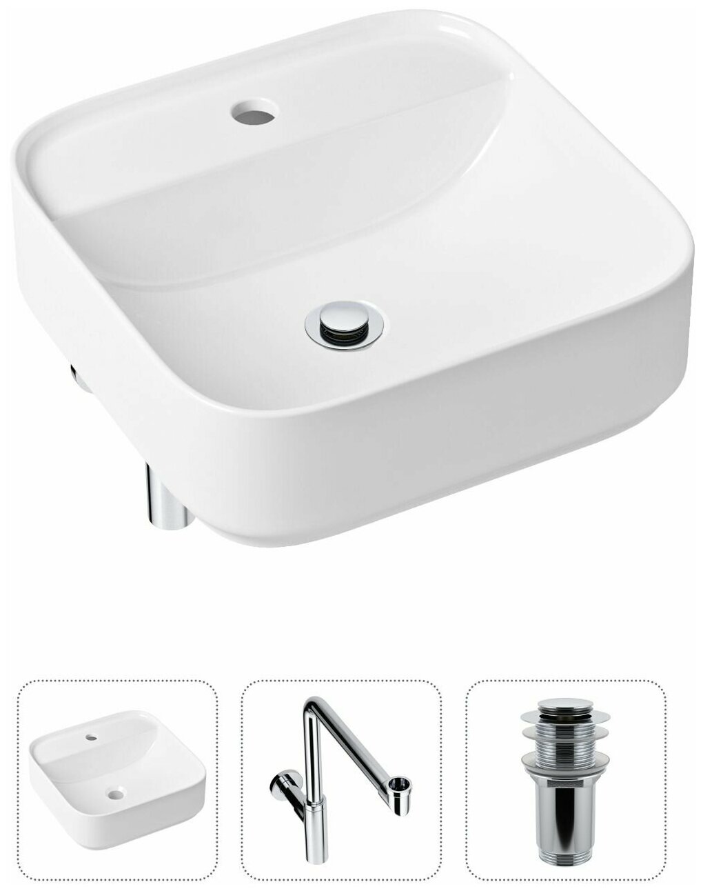 Накладная раковина в ванную Lavinia Boho Bathroom Sink Slim 21520315 в комплекте 3 в 1: умывальник белый, донный клапан и сифон в цвете хром