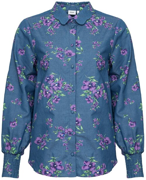 Блуза  NUMPH, прямой силуэт, длинный рукав, без карманов, флористический принт, размер 38EU(M), синий
