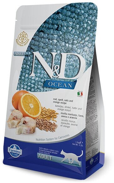 Сухой корм Farmina N&D Ocean Godfish&Orange Adult, для взрослых кошек, низкозерновой, треска, спельта, овес и апельсин, 1,5 кг