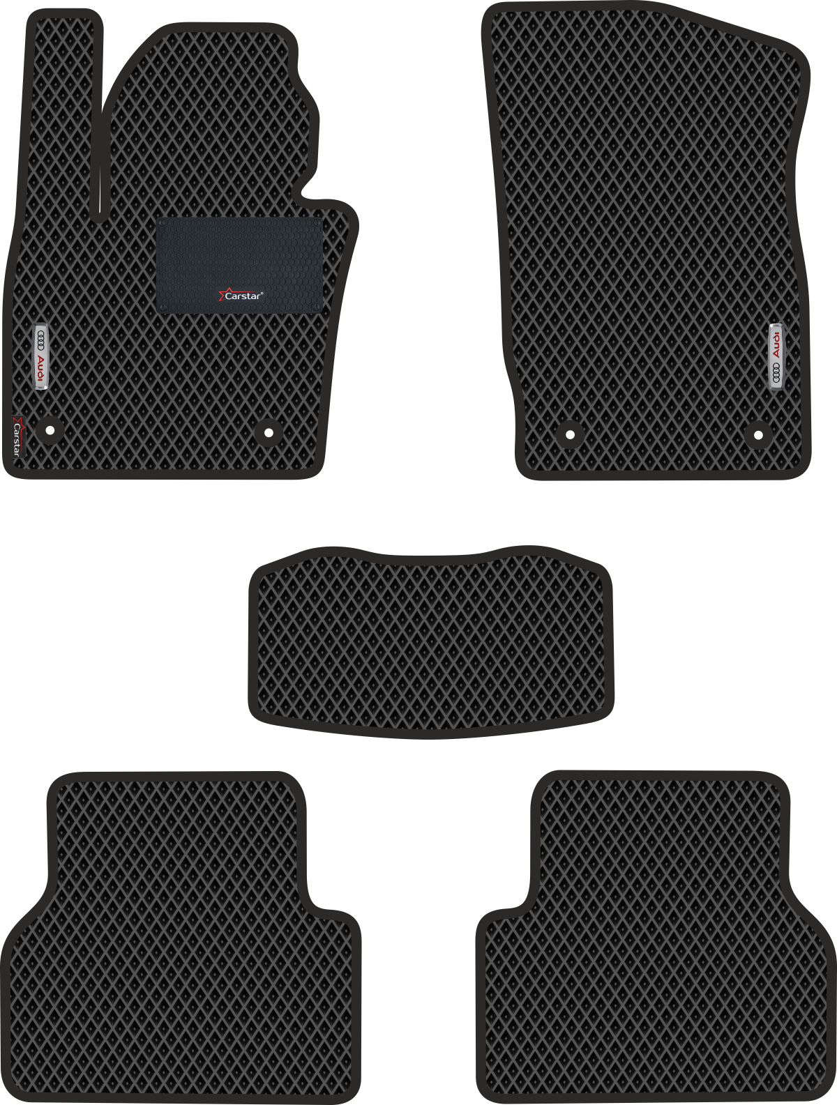 Автомобильные коврики EVA для Audi Q3 I (2011-2018) с каучуковым подпятником и 2 эмблемами Audi, чёрные с чёрным кантом, ячейка - ромб