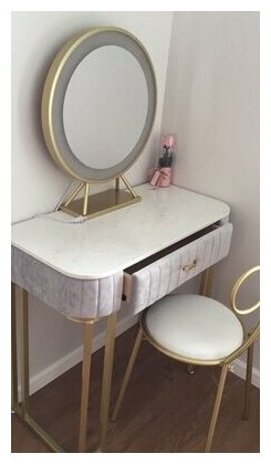 Туалетный столик на металлических ножках с мраморной столешницей и зеркалом (столик 2 ящика с тумбой + зеркало + стул 120*40*75 серый) - фотография № 4