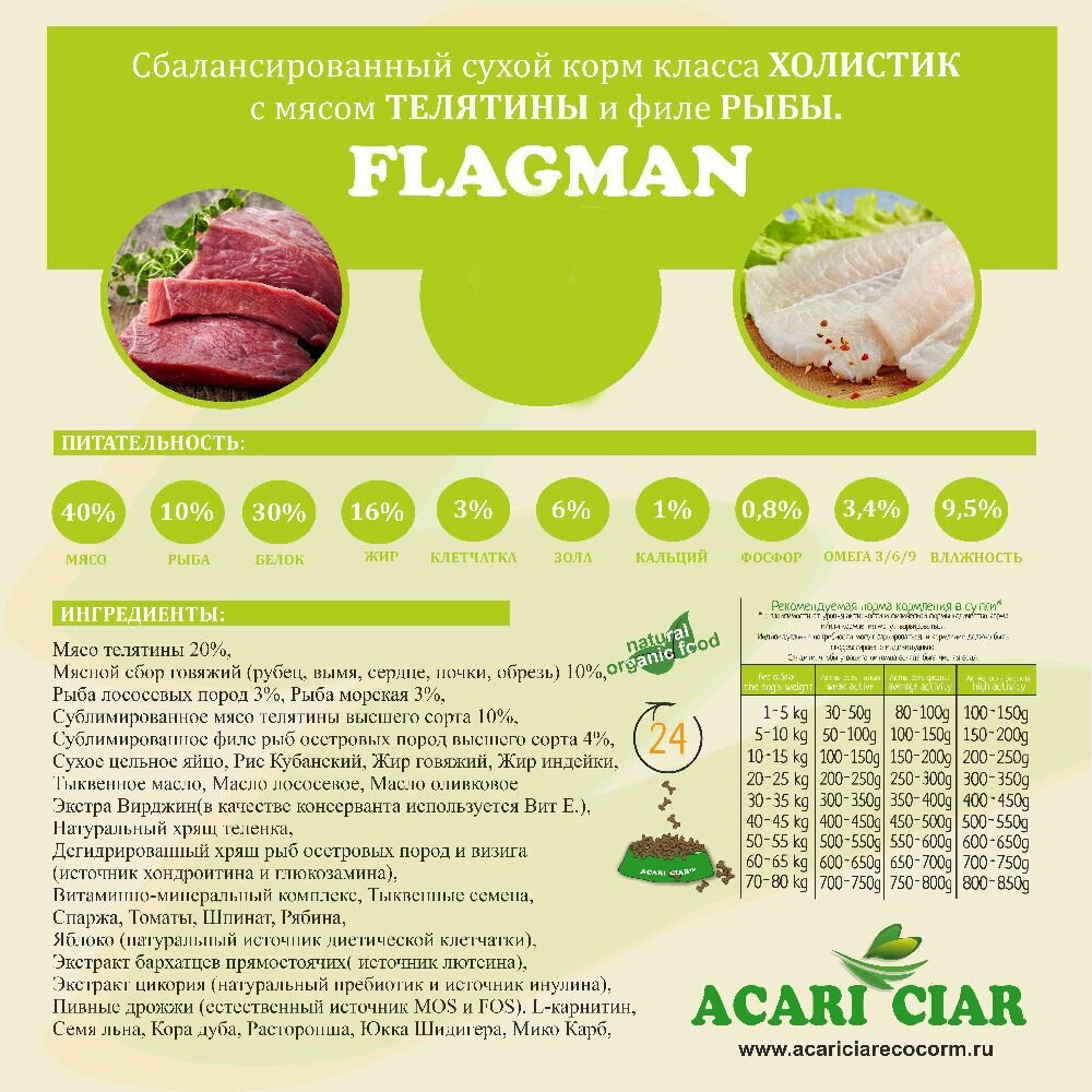 Сухой корм для собак Acari Ciar Flagman 2,5 кг (гранула Медиум) Акари Киар с телятиной