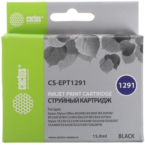 Картридж Cactus CS-EPT1291 T1291 черный, для EPSON Stylus Office B42/BX305/BX305F/BX320/BX525/BX625/SX420/SX425/SX525/SX620