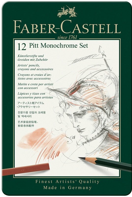 Набор художественных изделий Faber-Castell "Pitt Monochrome", 12 предметов, метал. коробка, 285943