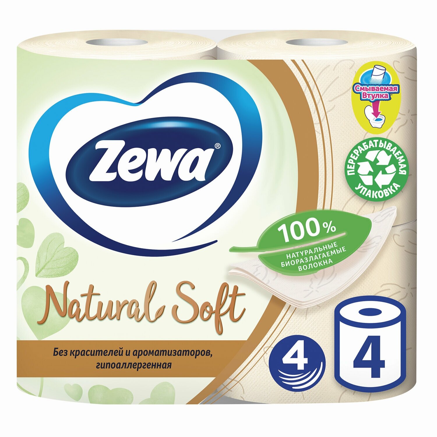 Бумага туалетная Zewa Natural Soft, 4 слоя, 4 шт по 16 м, белая (8533)