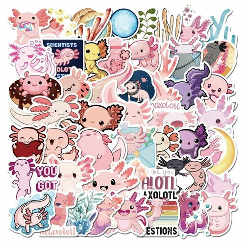 Набор виниловых стикеров на ноутбук и телефон, наклейки мемы для украшений и творчества - Аксолотль - 50 шт