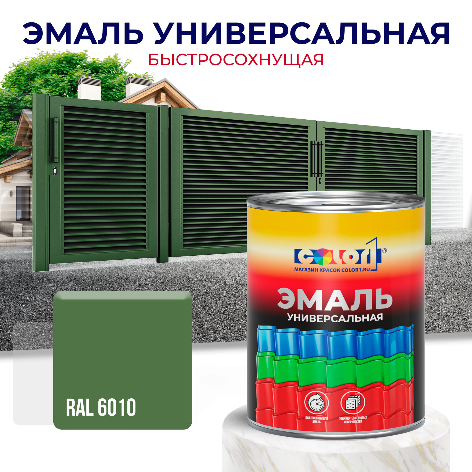 Эмаль универсальная быстросохнущая COLOR1, акриловая, матовая, цвет RAL6010