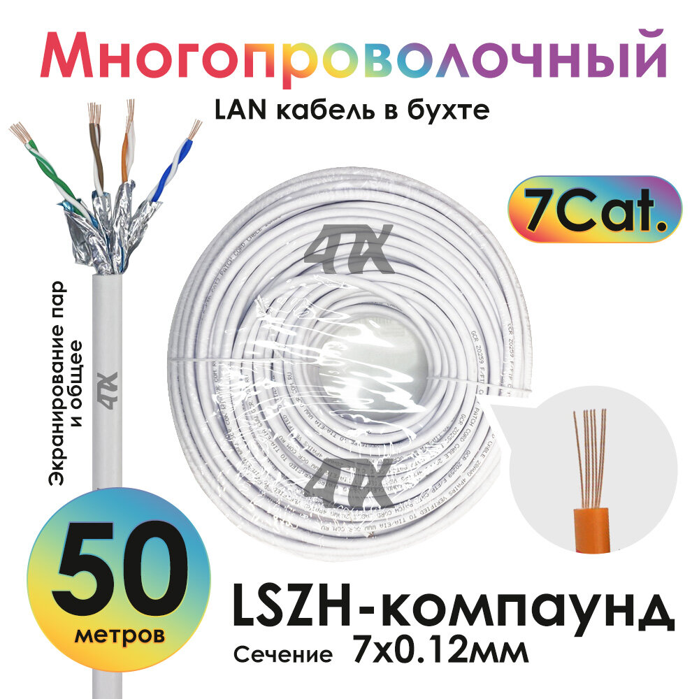 фото Кабель LAN витая пара LSZH в бухте СAT7 F/FTP экранированный многопроволочный (4PH-LN3) белый 50.0м