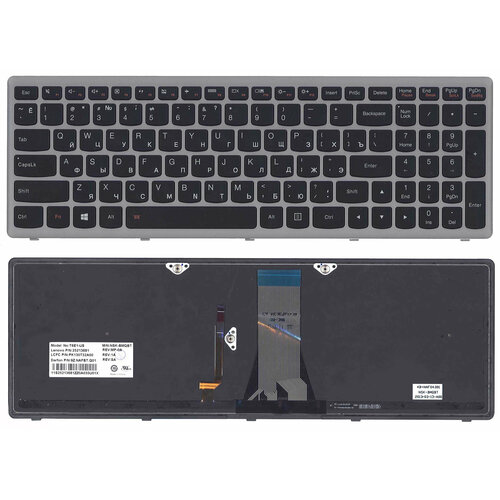 Клавиатура для Lenovo NSK-BMLSW черная с подсветкой c серебристой рамкой