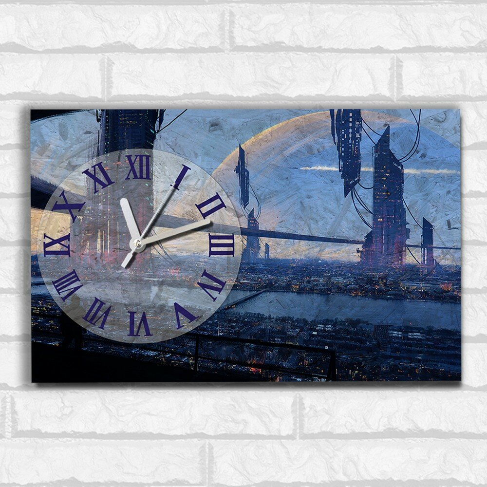 Настенные бесшумные часы ОСБ со смещенным циферблатом пейзаж город (Планета, Sci-Fi, милота, Подарок для мамы, бабушки сестры, подруге) - 888