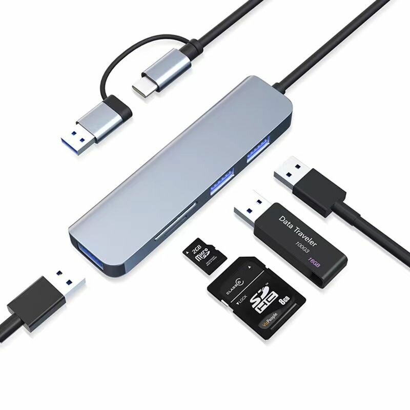 Док-станция/Переходник USB HUB USB Type-C 5 в1/Переходник USB HUB USB Type-C 5в1. USB разветвитель, концентратор, док станция usb хаб для macbook, SD Card, TF Card/лазурный/70 г