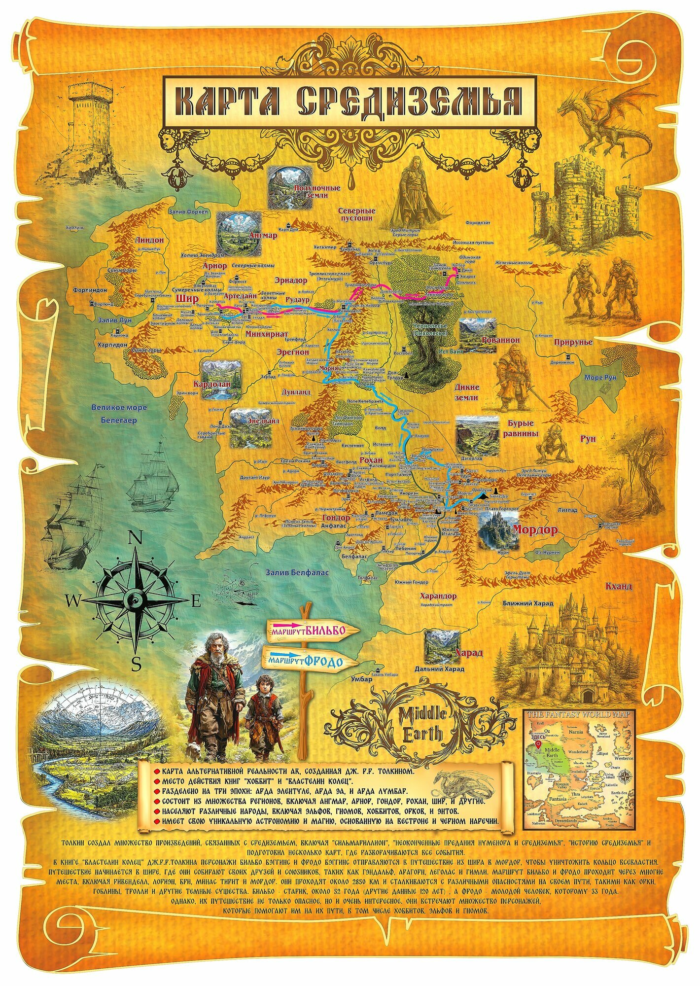 Карта Средиземья Middle Earth 70х50 см "Властелин Колец" с маршрутами Бильбо и Фродо. Тубус