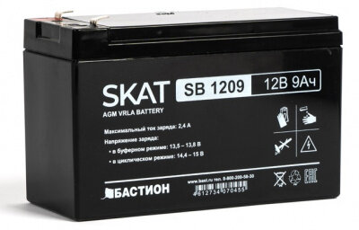 Бастион SKAT SB 1209 АКБ свинцово-кислотная тип AGM 12V 9Ач Iзар. 2,7 А, ножевые клеммы