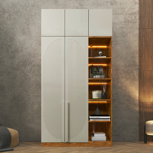 Изображение товара Шкаф Агератум МДФ двухсекционный с антресолью и стеллажом Лайн флай (0,27) А10029 матовая - Орех Экко 9459 NEW 150*45*260 см Фиеста