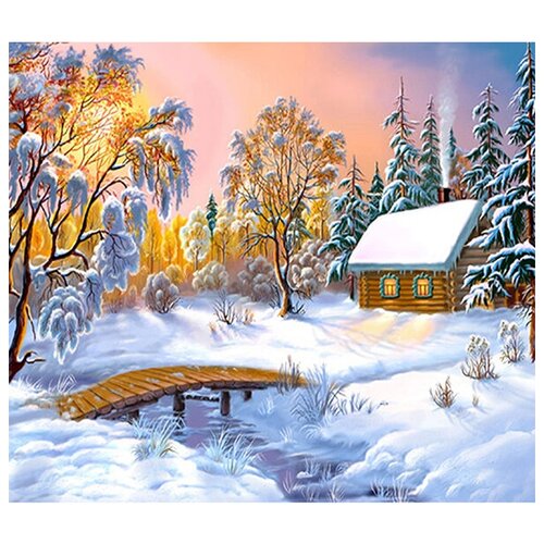 Картина стразами Зимний домик у реки