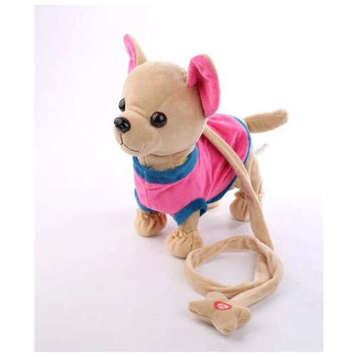 фото Интерактивная мягкая плюшевая игрушки для малышей и детей собачка в сумке на мягком поводке в розовой кофточке ch toys