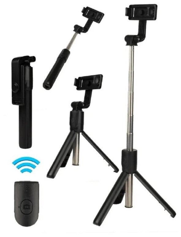 Монопод-трипод для селфи R1S, штатив трипод с регулируемым держателем для телефона и Bluetooth пультом, черный