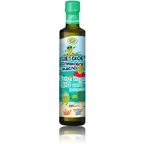 фото Детское оливковое масло bio extra virgin p.d.o. каламата, korvel, стеклянная бутылка 250 мл