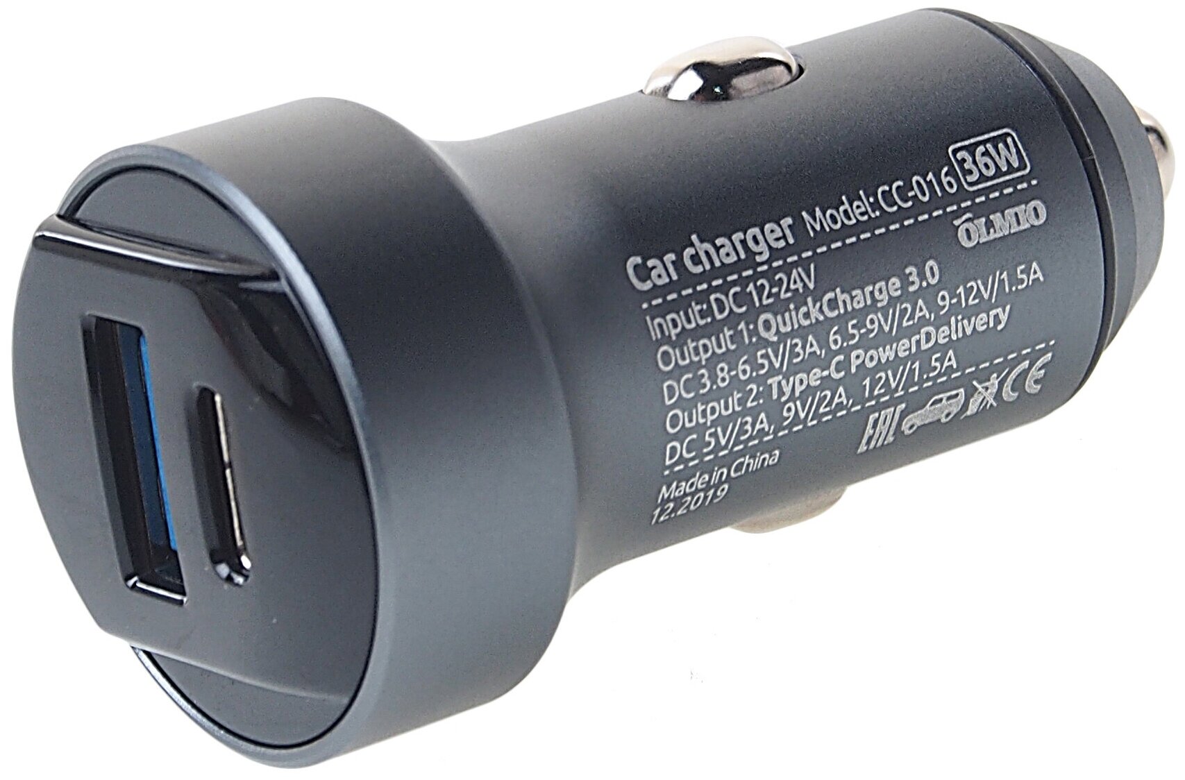 OLMIO Автомобильное зарядное устройство OLMIO (040231) 2 USB QC 3.0 + PD 36W