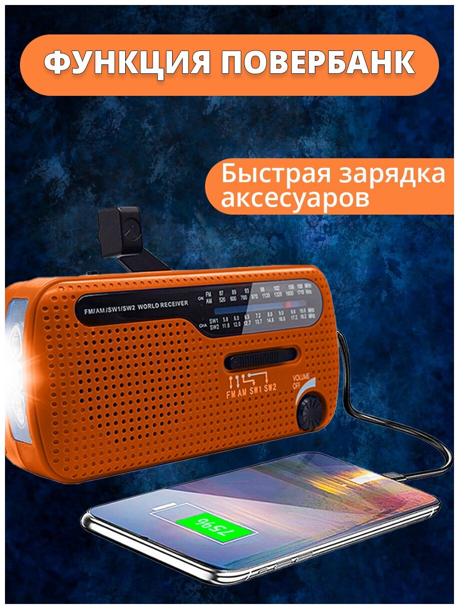 Радио портативное от сети аккумулятора и батареек / солнечная батарея динамо машина / радиоприемник мини с повербанком для дачи и туризма