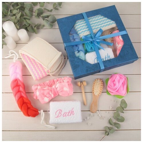 фото Набор банный, 7 предметов: 4 мочалки, повязка на голову, расчёска, массажёр mikimarket