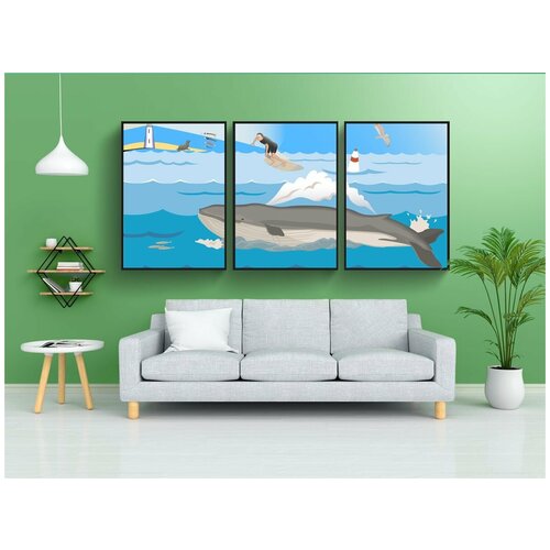 фото Набор модулных постеров для интерьера "океан, кит, синий" 60x90 см. в тубусе, без рамки lotsprints