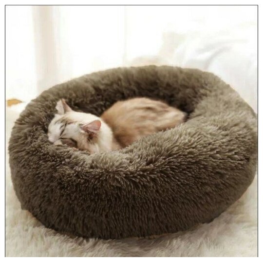 Лежак пушистый для собак и кошек, 60 см коричневый - фотография № 1