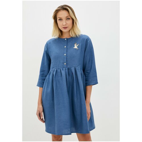 фото Платье облако мини на пуговицах лён синее чайка / берегите птиц