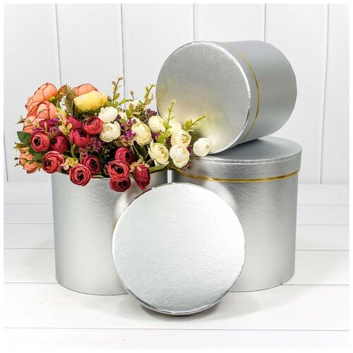 фото Набор коробок цилиндр, золотая полоска, серебро, металлик, 19*19*19 см, 3 шт. дон баллон