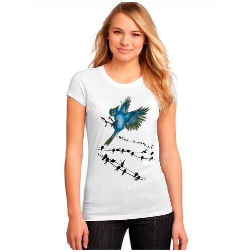 фото "женская белая футболка птицы, провода, стая". размер xs drabs