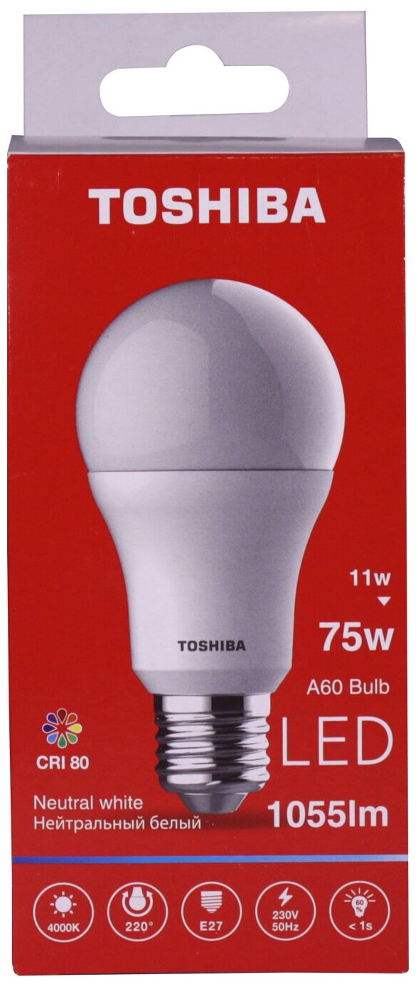 Лампа светодиодная TOSHIBA А60-LAMP 75W 4000K CRI80 ND (11W 1055лм 220° 50Гц 230В Е27)